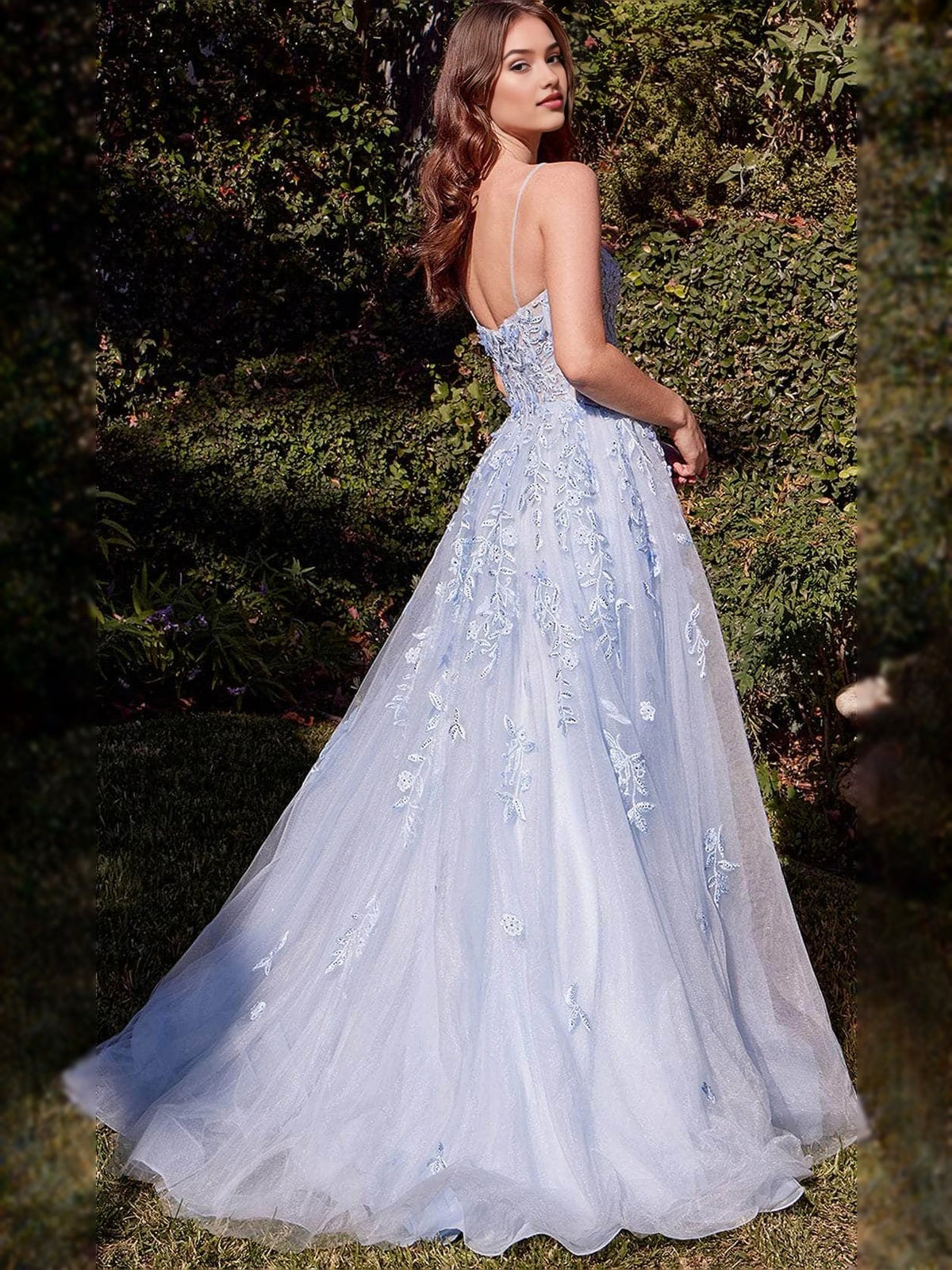 Light blue tulle corset prom dress, floral embroidery, scoop neck, A-line skirt
