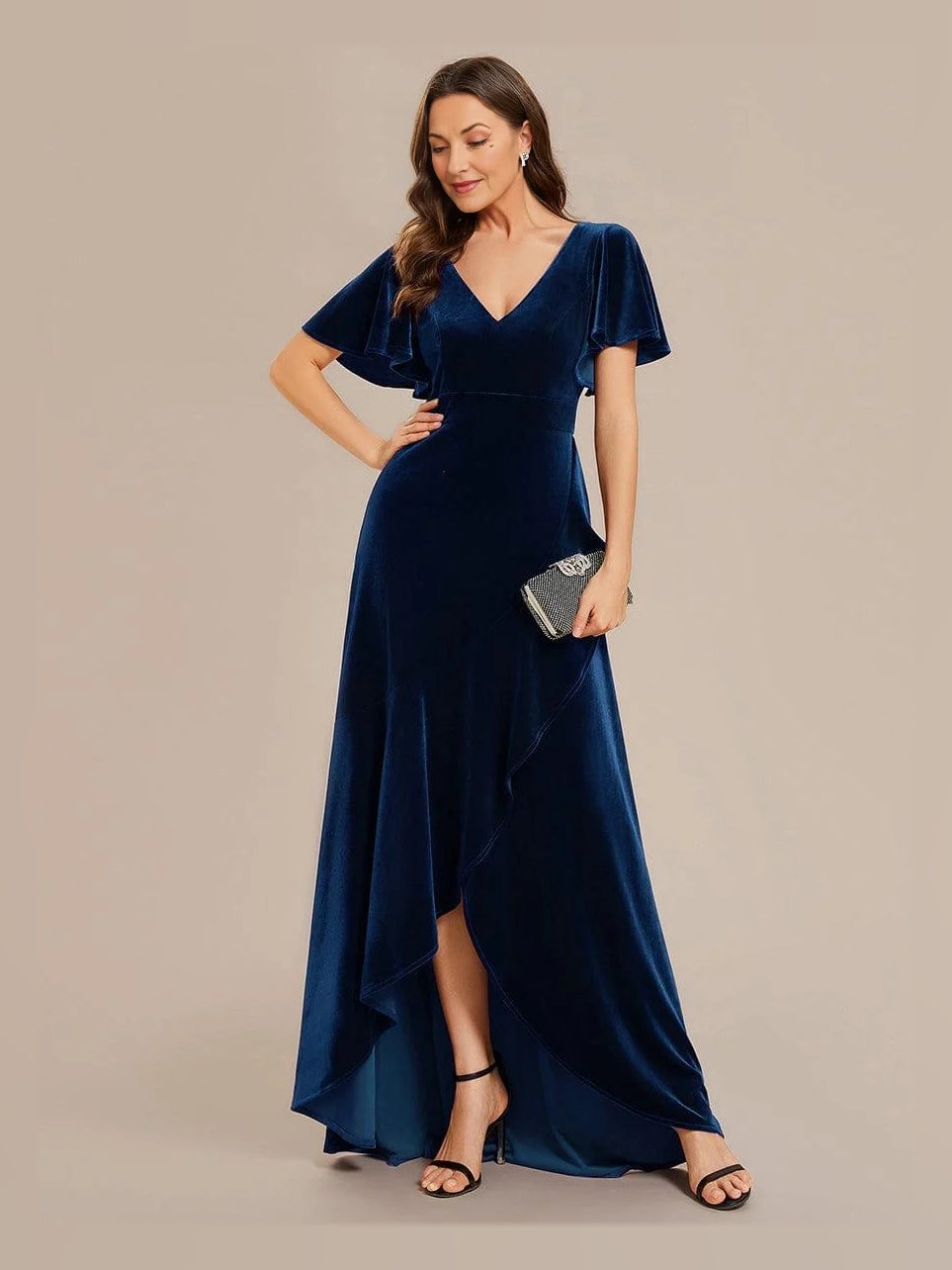 Navy velvet V-neck A-line dress with front slit and short ruffled sleeves