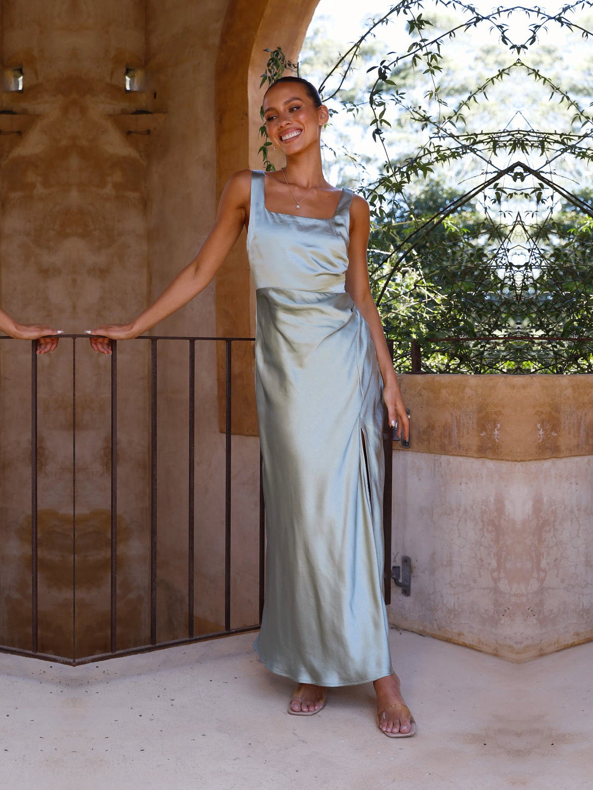 Sage sheath maxi formal dress with one-shoulder neckline, full-length front view
