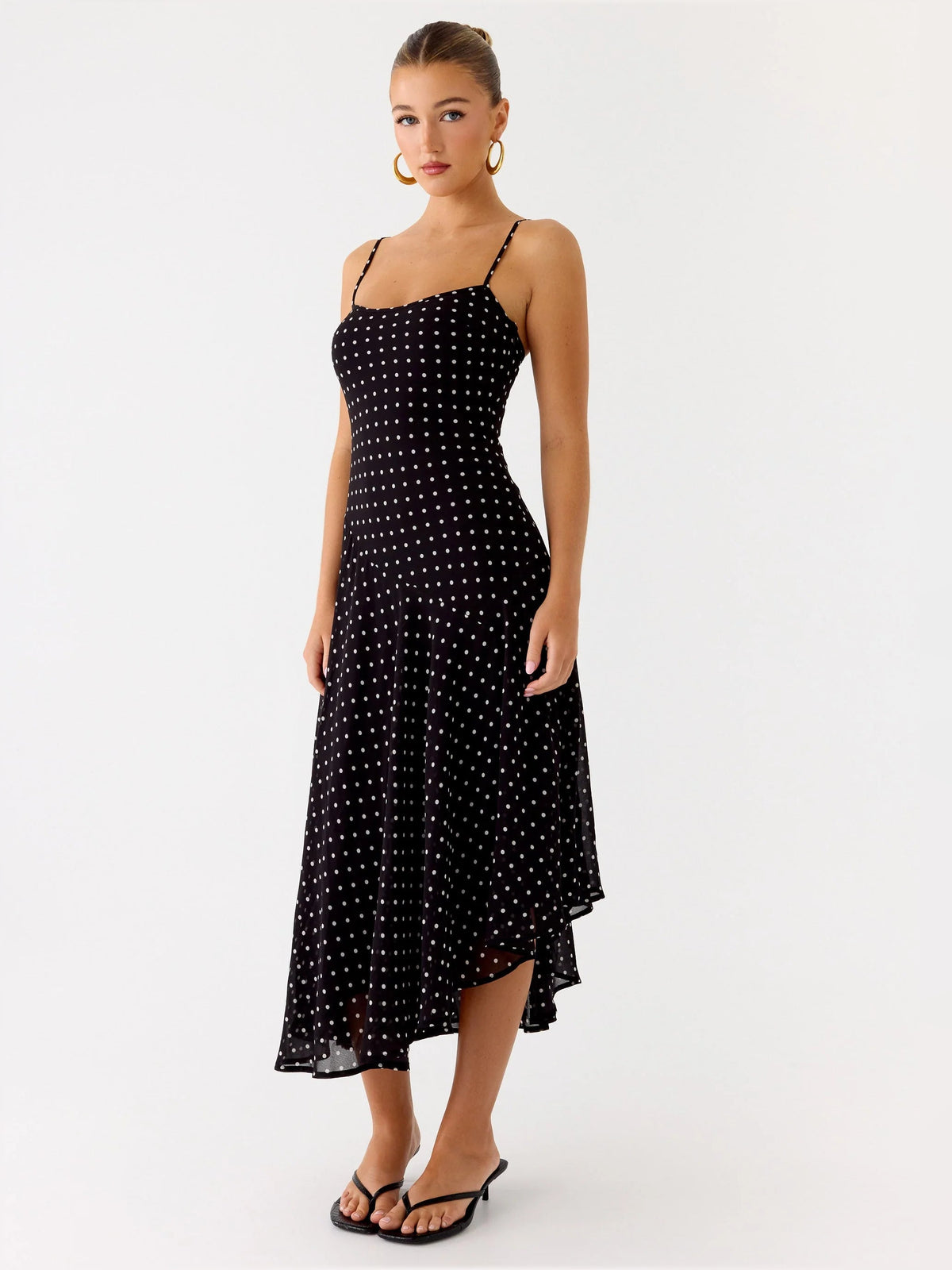 Black midi formal dress with spaghetti straps, square neckline, allover dotted sparkle, asym hem