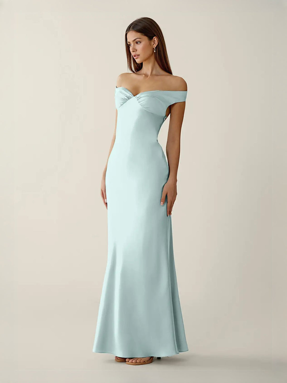 Mist blue off-shoulder satin maxi dress, fitted column silhouette with ruched bodice