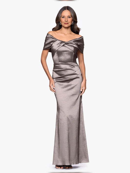 Taupe satin off-shoulder draped mermaid floor-length gown with fitted bodice