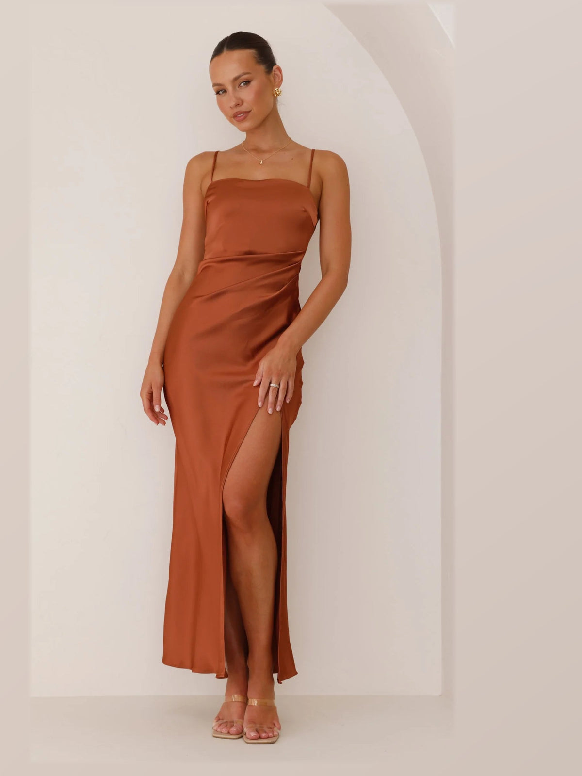 Copper maxi formal dress, front full-length view showing the neckline
