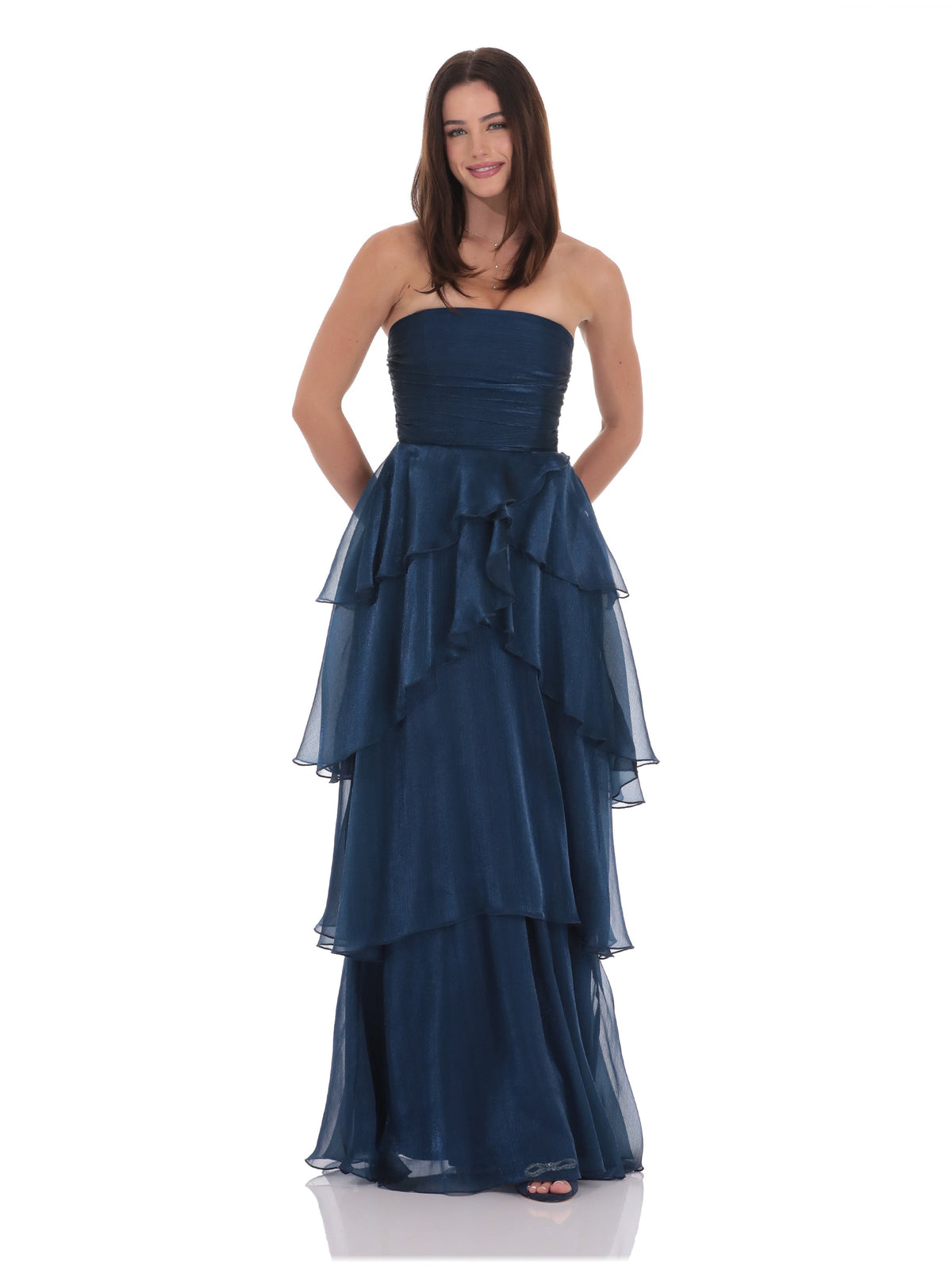Navy bridesmaid dress with a-line silhouette and maxi length