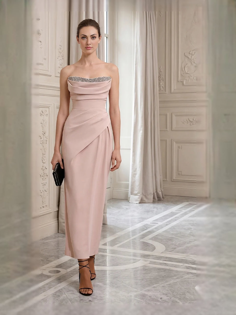 Dusty rose strapless sheath midi dress with ruched pleated draped bodice