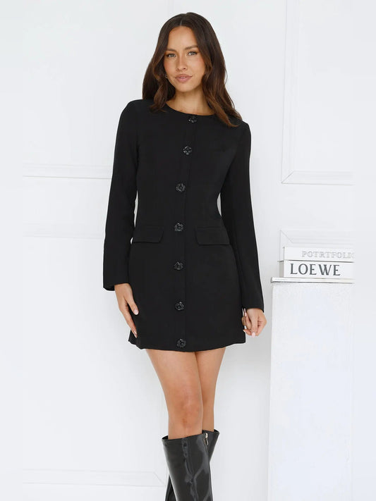 Black long-sleeve mini dress with button front and chest pockets