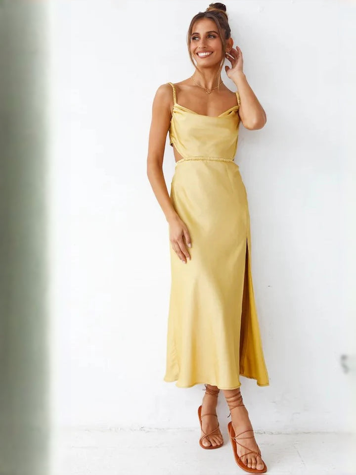 Yellow spaghetti-strap midi formal dress with square neckline and side slit