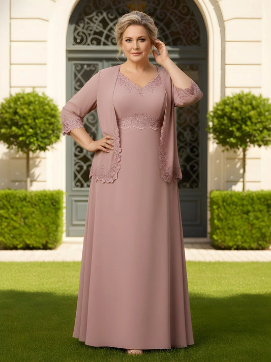Dusty rose V-neck A-line maxi dress with lace trim and chiffon sleeves