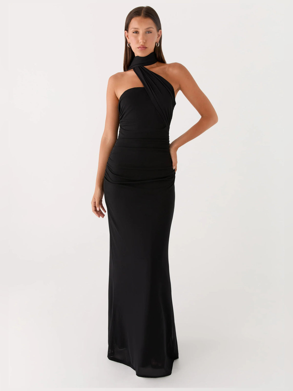 Black sheath maxi formal dress with one-shoulder neckline, full-length front view