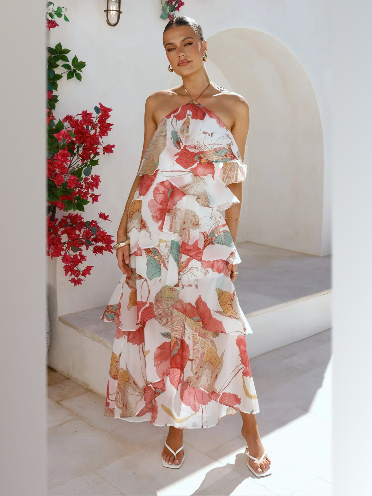 Blush maxi formal dress, front full-length view showing the neckline