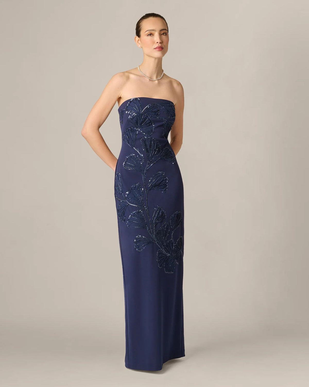 Dark navy strapless sheath maxi dress with floral beaded embroidery, front view