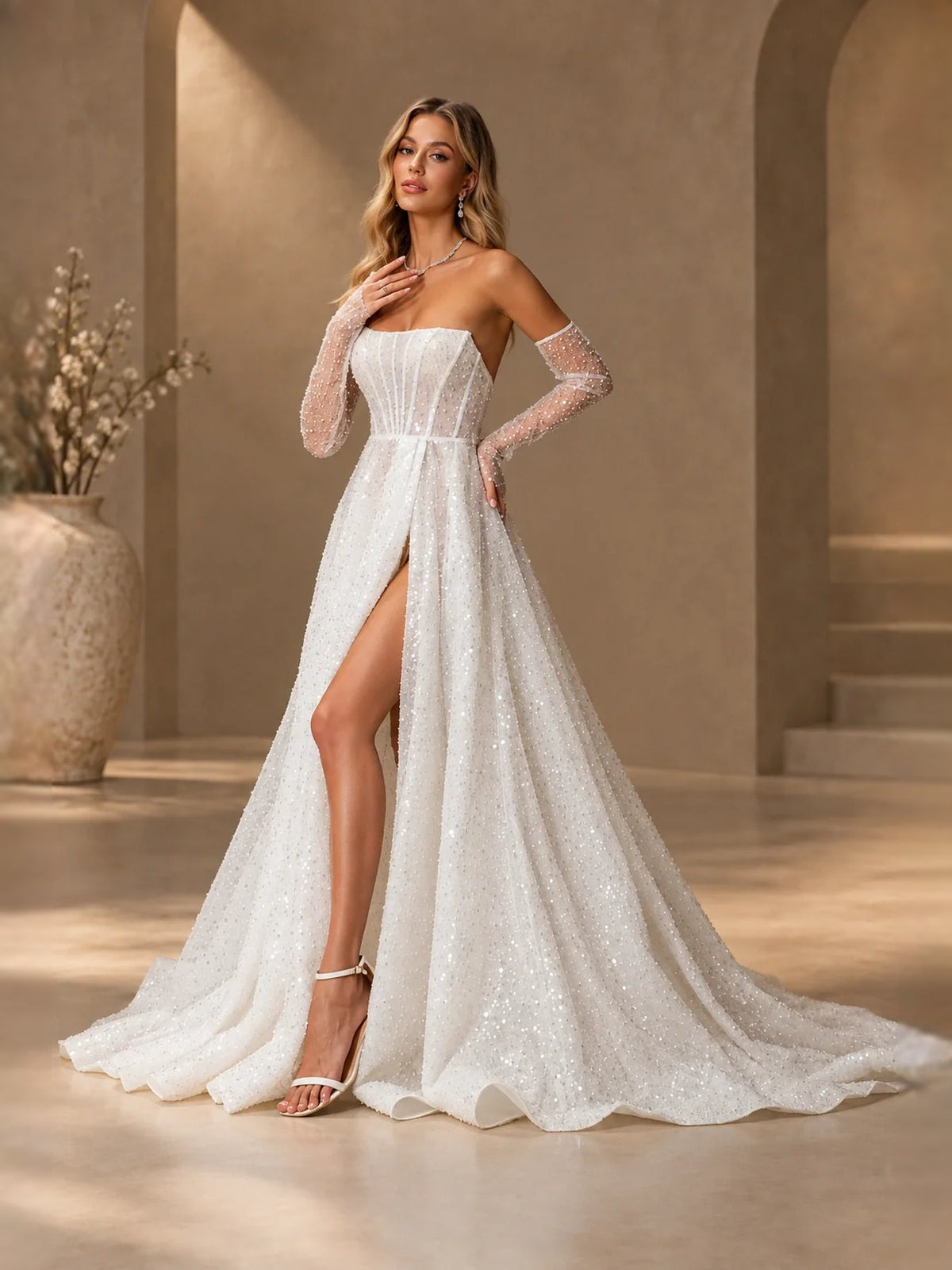Ivory strapless corset A-line wedding dress with sheer long gloves and thigh slit