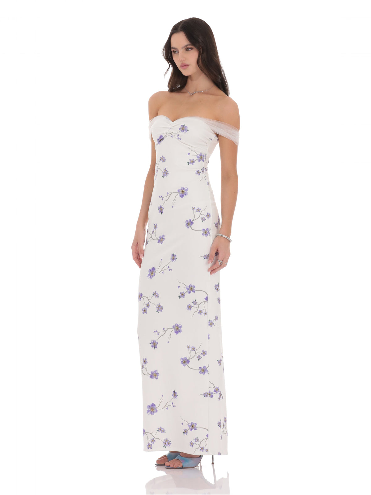 White bridesmaid dress with a-line silhouette and maxi length