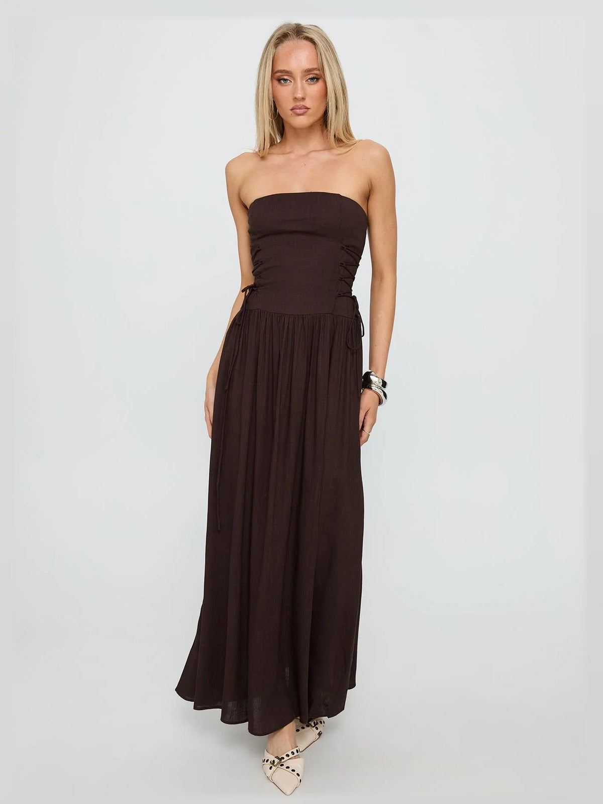 Chocolate formal dress with a-line silhouette and maxi length