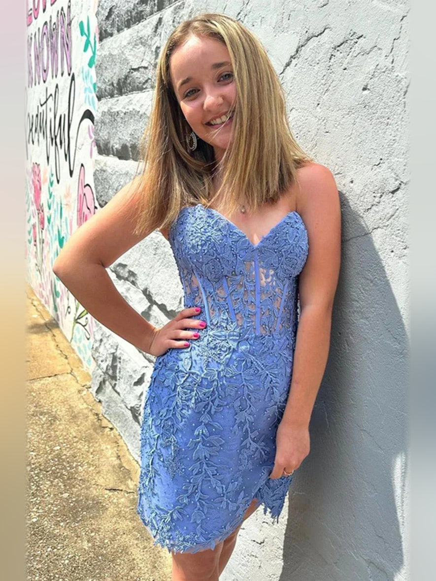 Blue sweetheart corset bodice mini homecoming dress with floral applique lace
