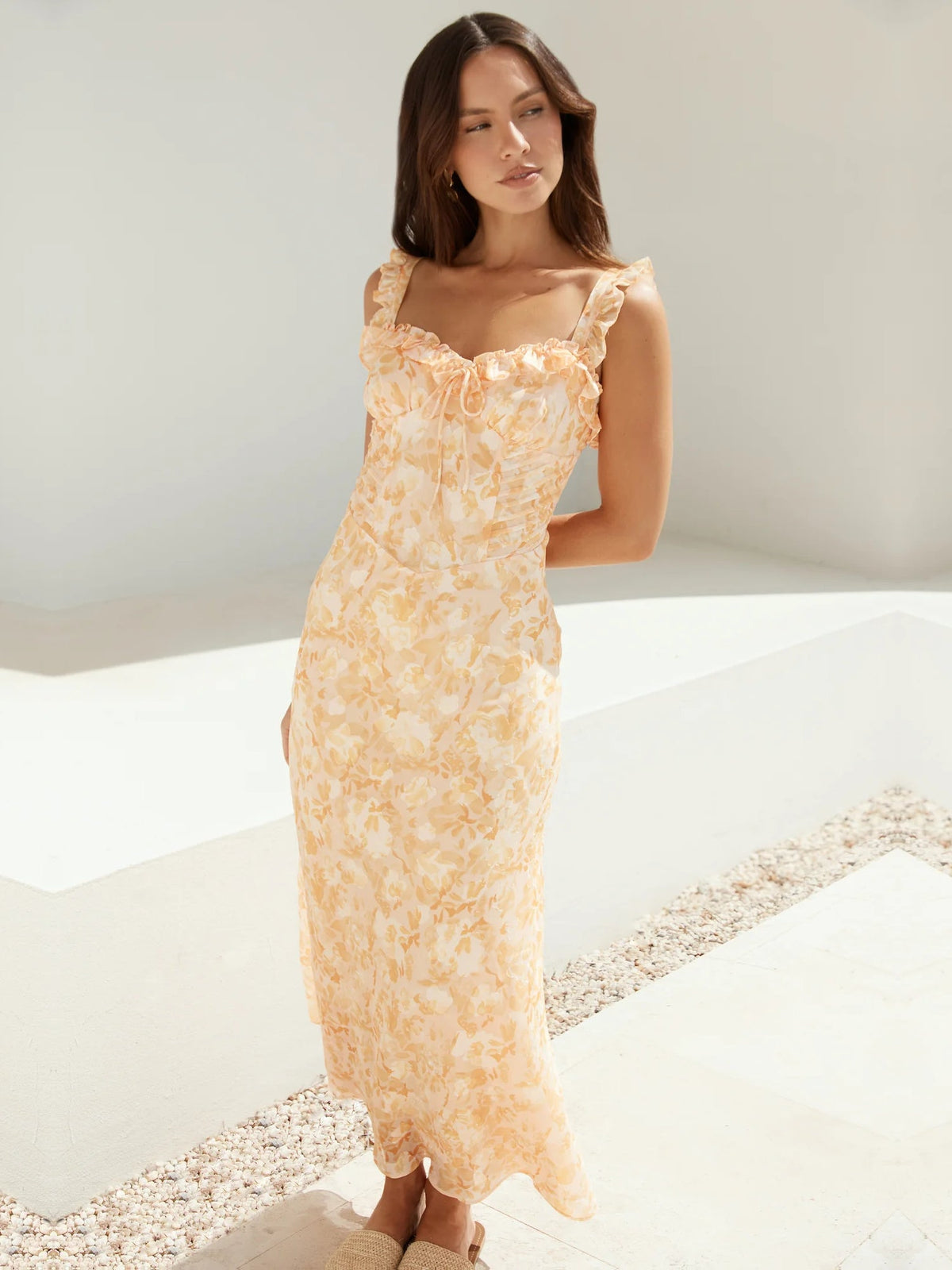 Orange sheath maxi formal dress with sweetheart neckline, full-length front view