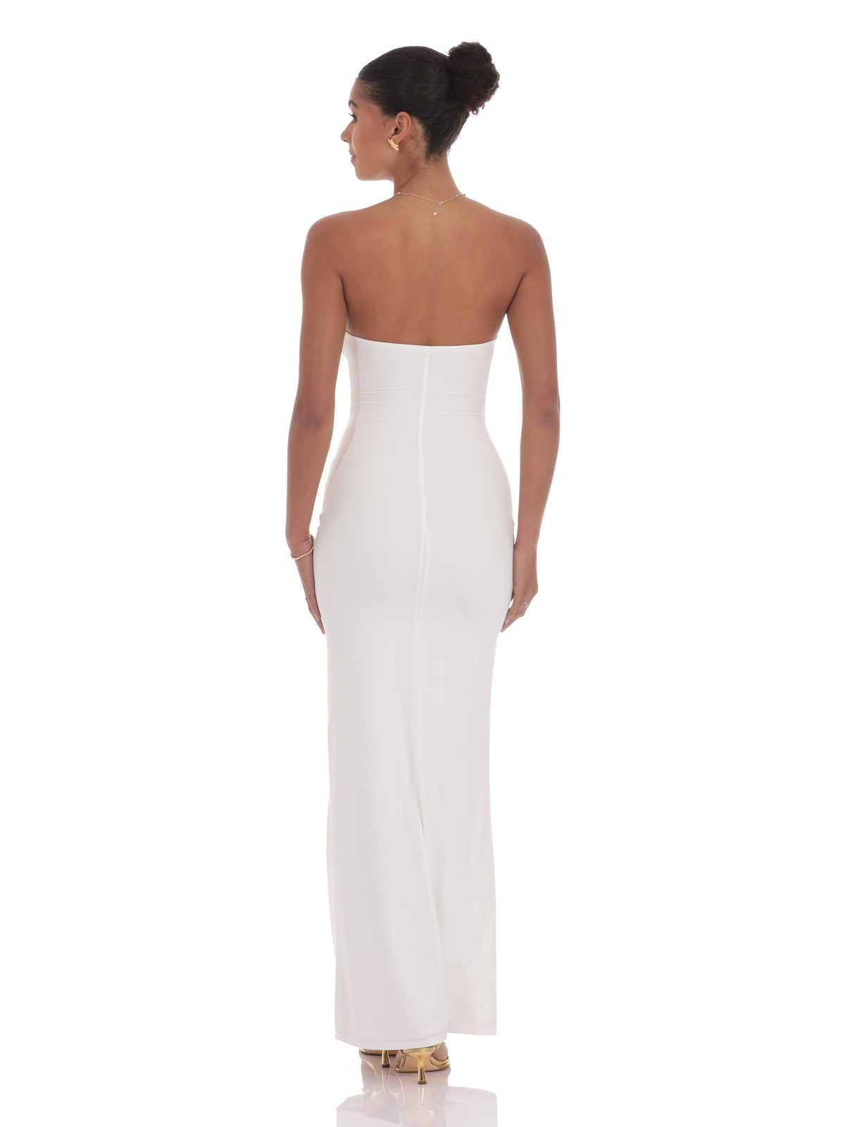 White bridesmaid dress with a-line silhouette and maxi length