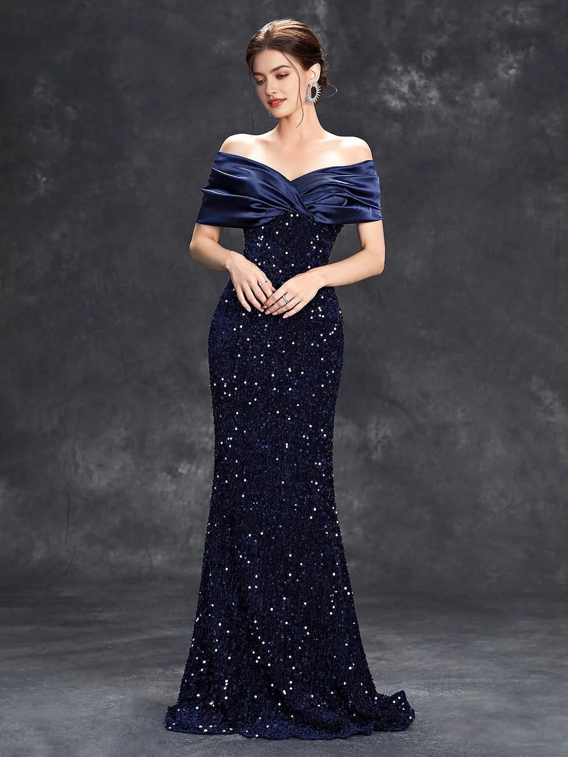 Dark navy off-shoulder mermaid sequin prom dress with draped satin bodice