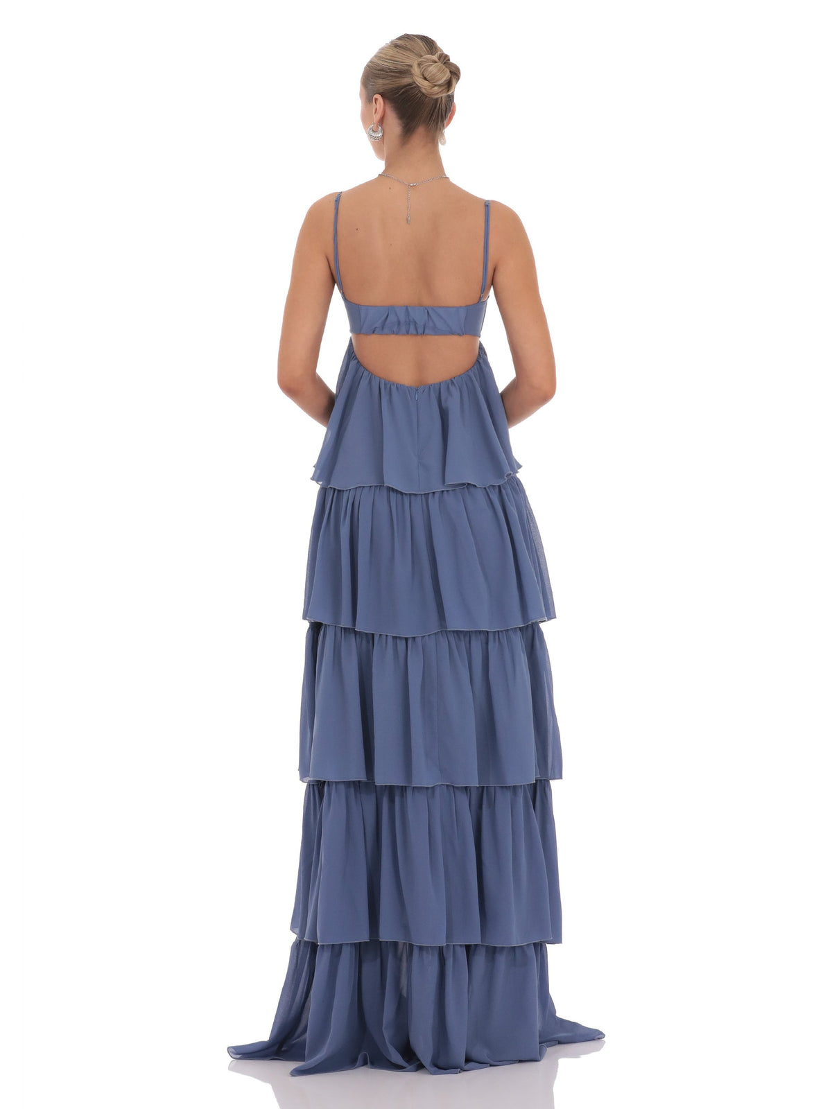 Denim Blue bridesmaid dress with a-line silhouette and maxi length