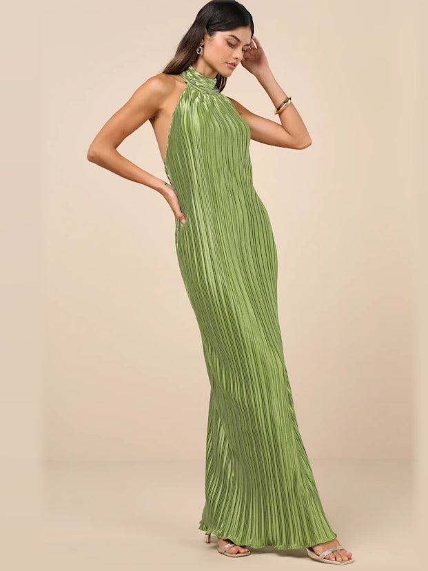 Lime Green formal dress with a-line silhouette and maxi length