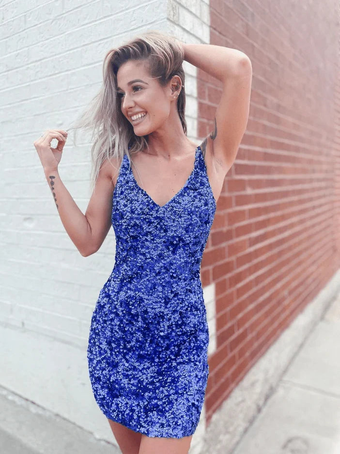 Ruched V-neck mini dress in royal blue with thin straps, sparkly sequin bodycon fit
