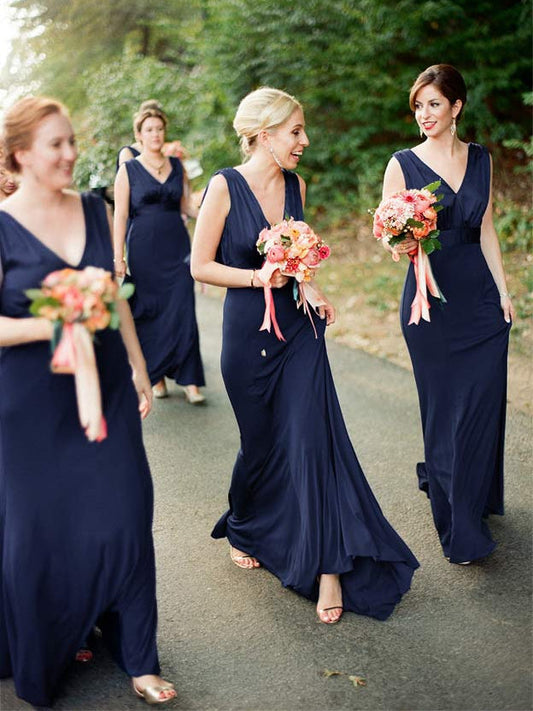 Dark navy jersey bridesmaid dress, backless V-neck with pleated A-line skirt