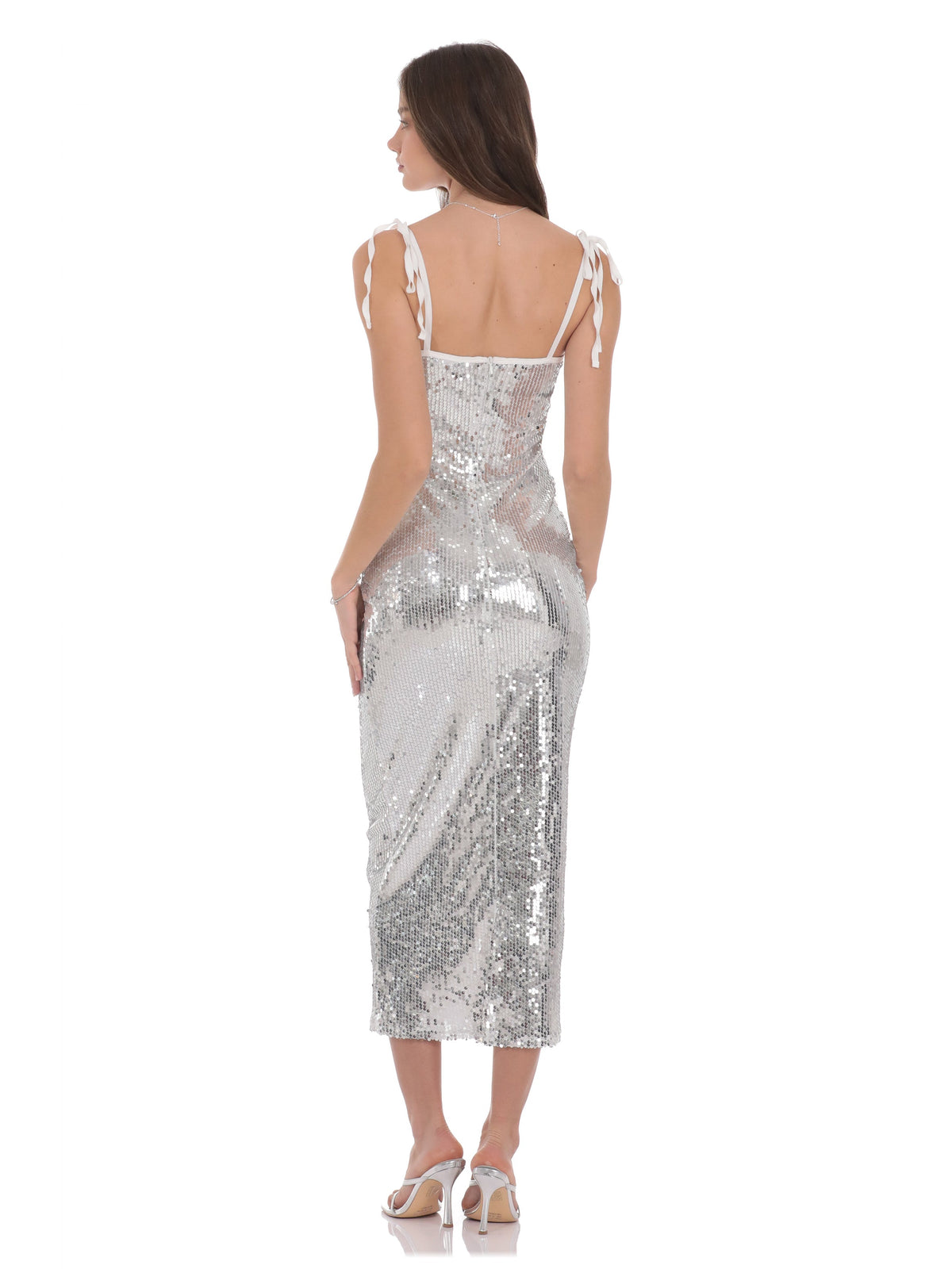 Silver bridesmaid dress with a-line silhouette and maxi length