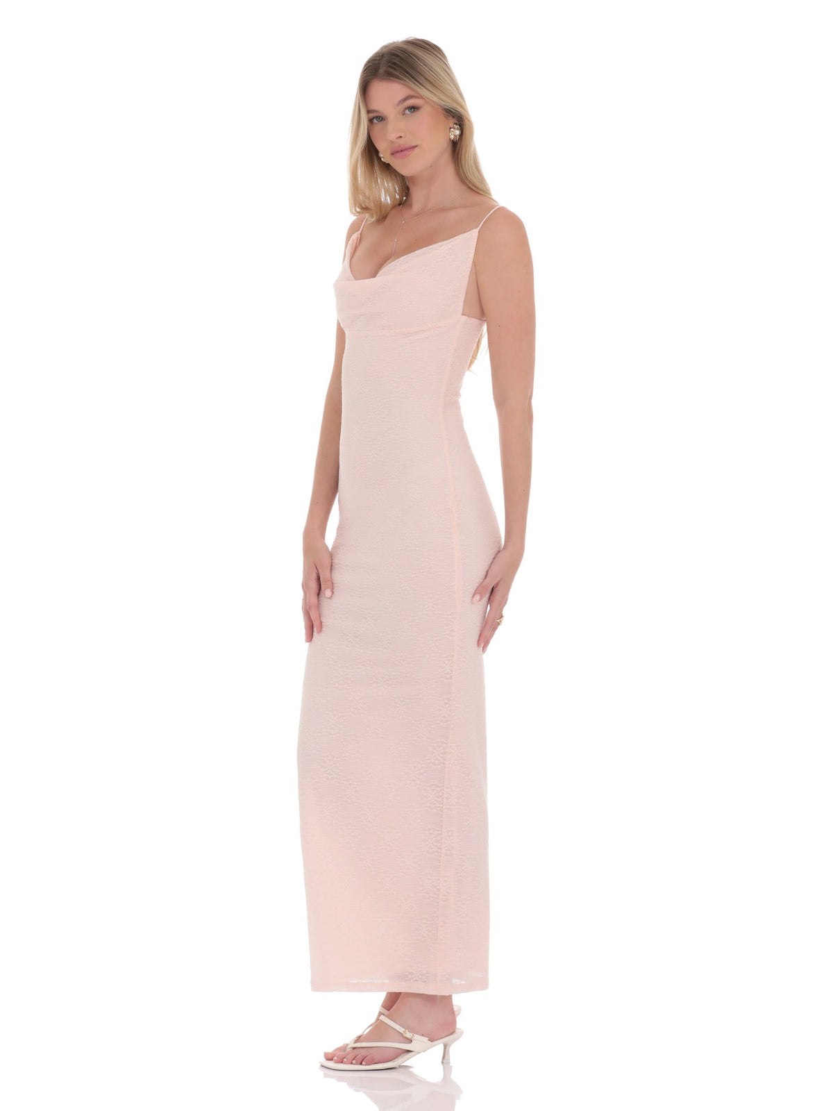 Pink bridesmaid dress with a-line silhouette and maxi length