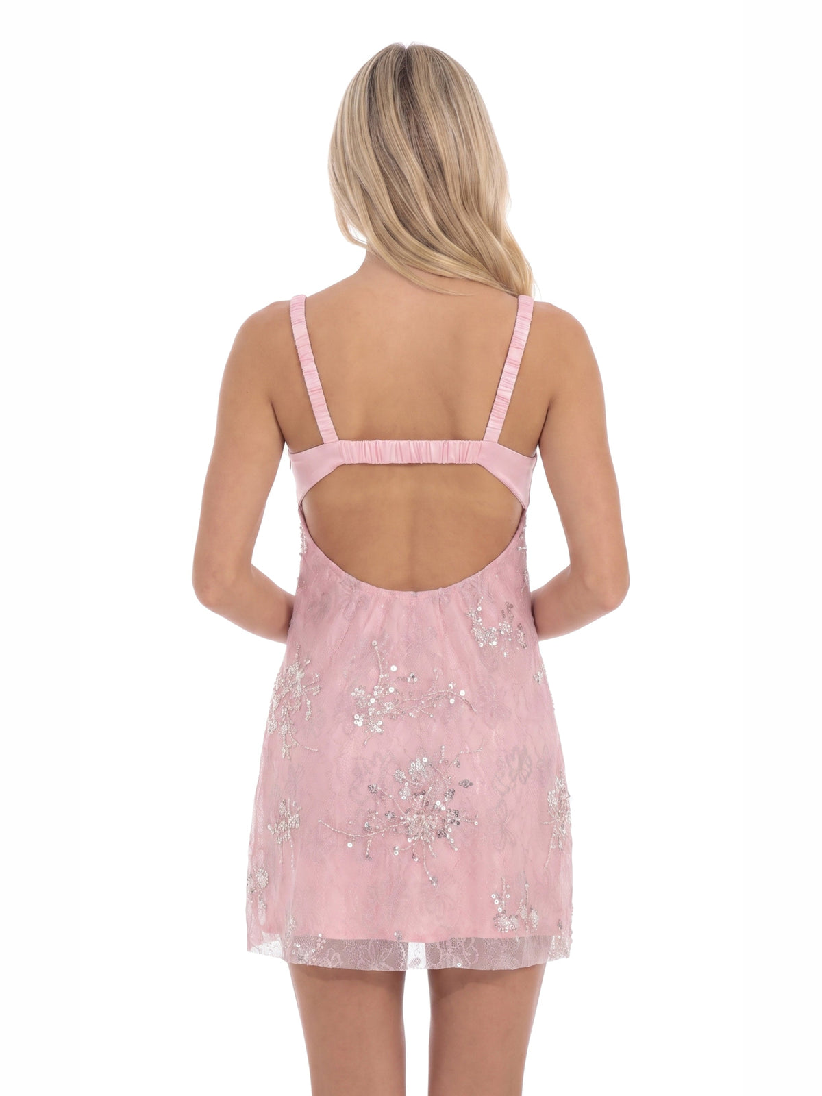 Pink homecoming dress with a-line silhouette and mini length