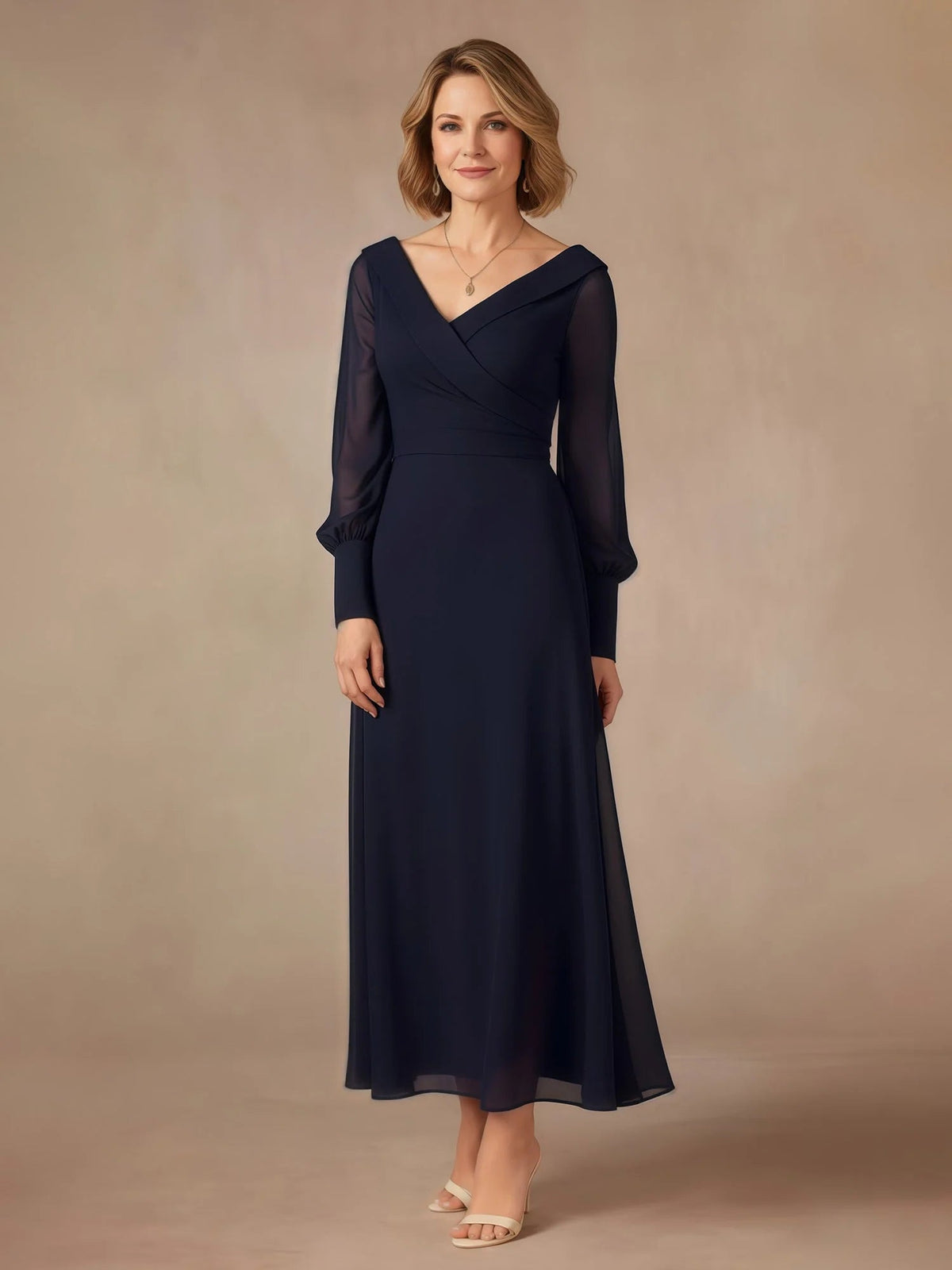 Dark navy V-neck A-line dress with sheer chiffon sleeves