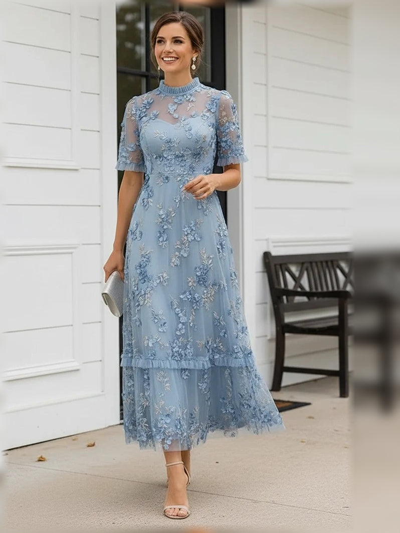 Steel blue floral tulle dress with high neck, layered ruffles, A-line skirt, ankle length