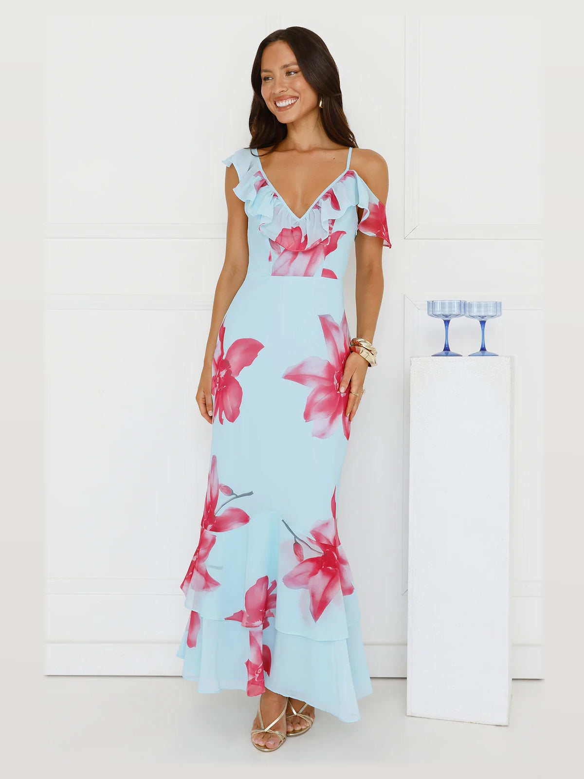 Blue formal dress with a-line silhouette and maxi length
