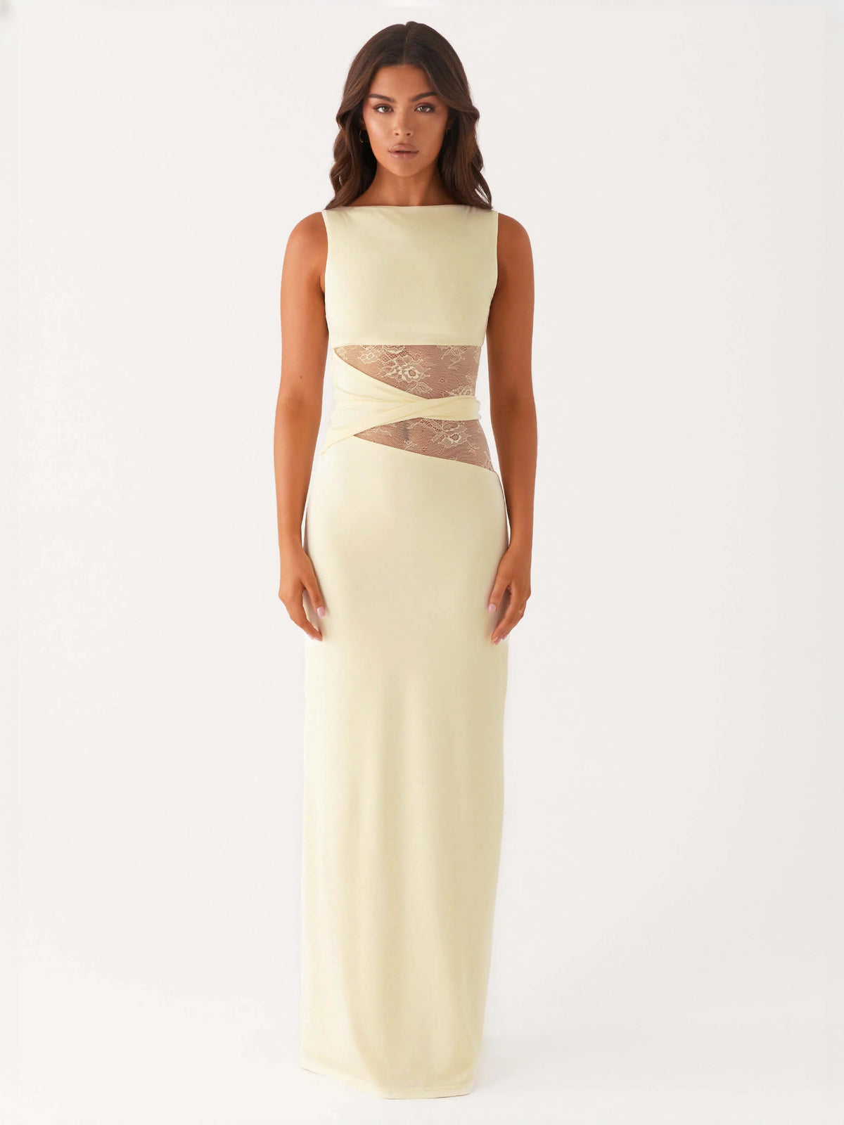 Yellow sheath maxi formal dress with cutout detail, full-length front view