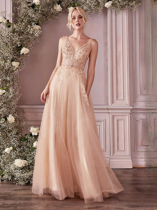 Champagne tulle A-line bridesmaid dress with beaded floral V-neck bodice, floor-length