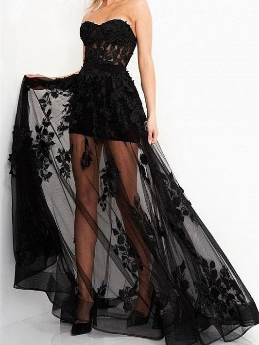 Black floral strapless A-line tulle prom dress with sheer long overlay and lace bodice