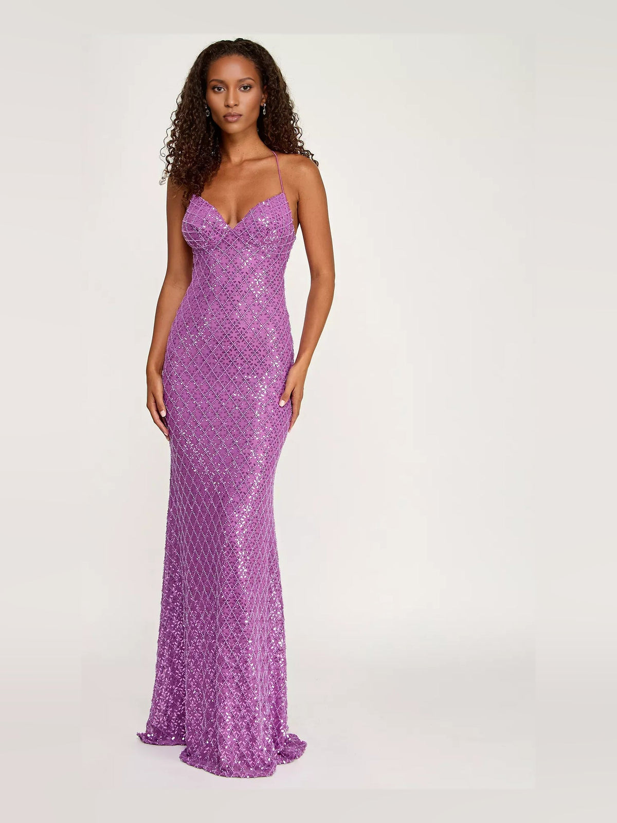Orchid sequin mermaid formal dress with sweetheart neckline, spaghetti straps, floor-length
