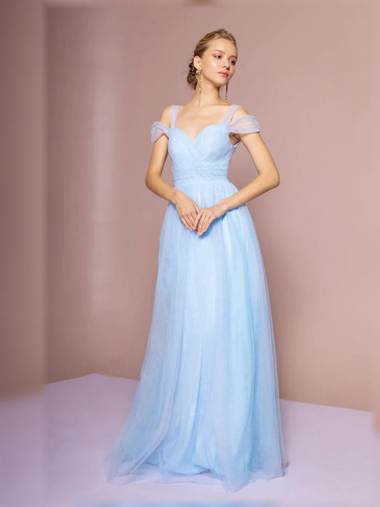 Sky blue off-shoulder pleated A-line tulle bridesmaid gown, floor length