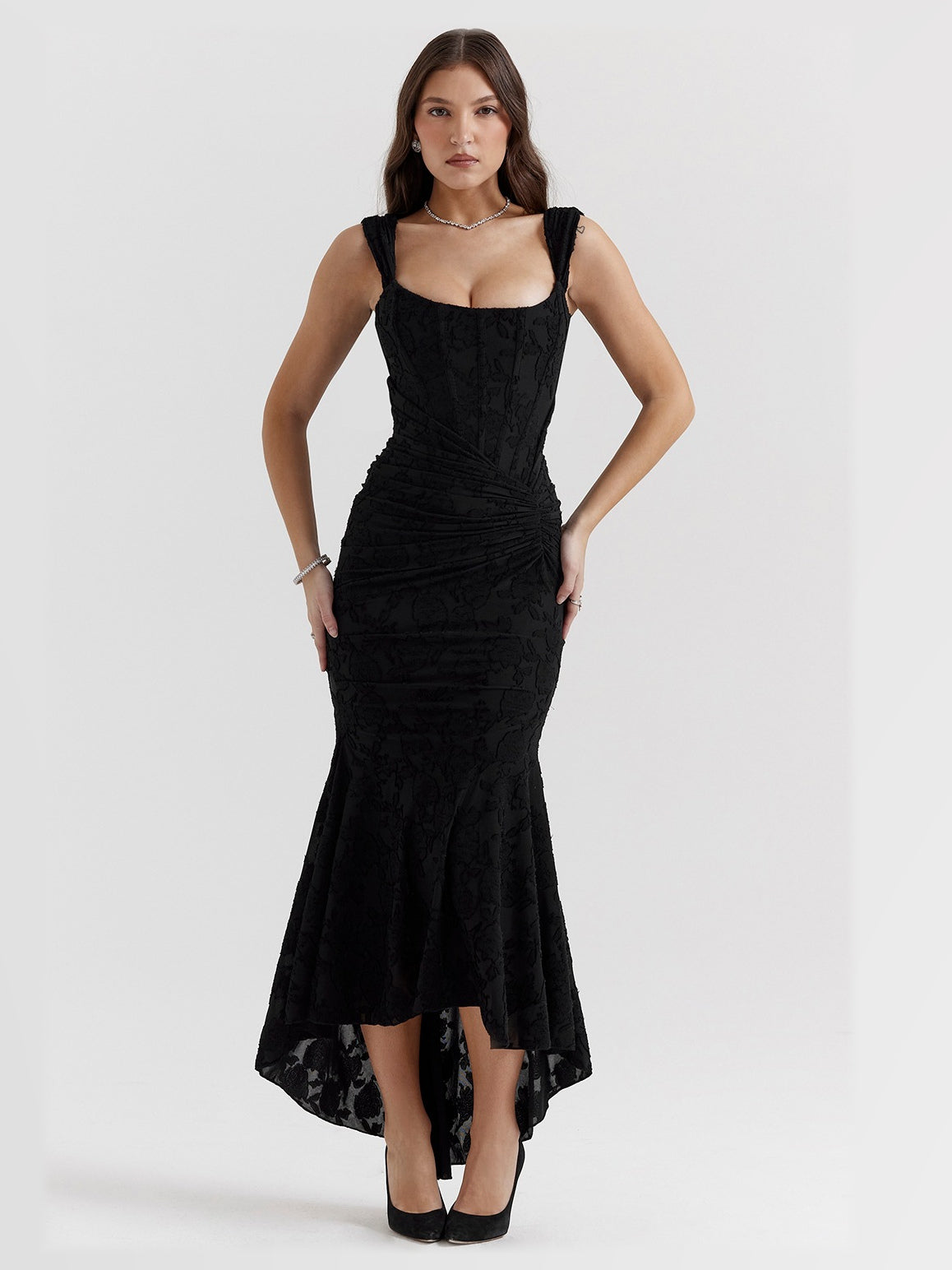 Black Floral maxi formal dress, front full-length view showing the neckline