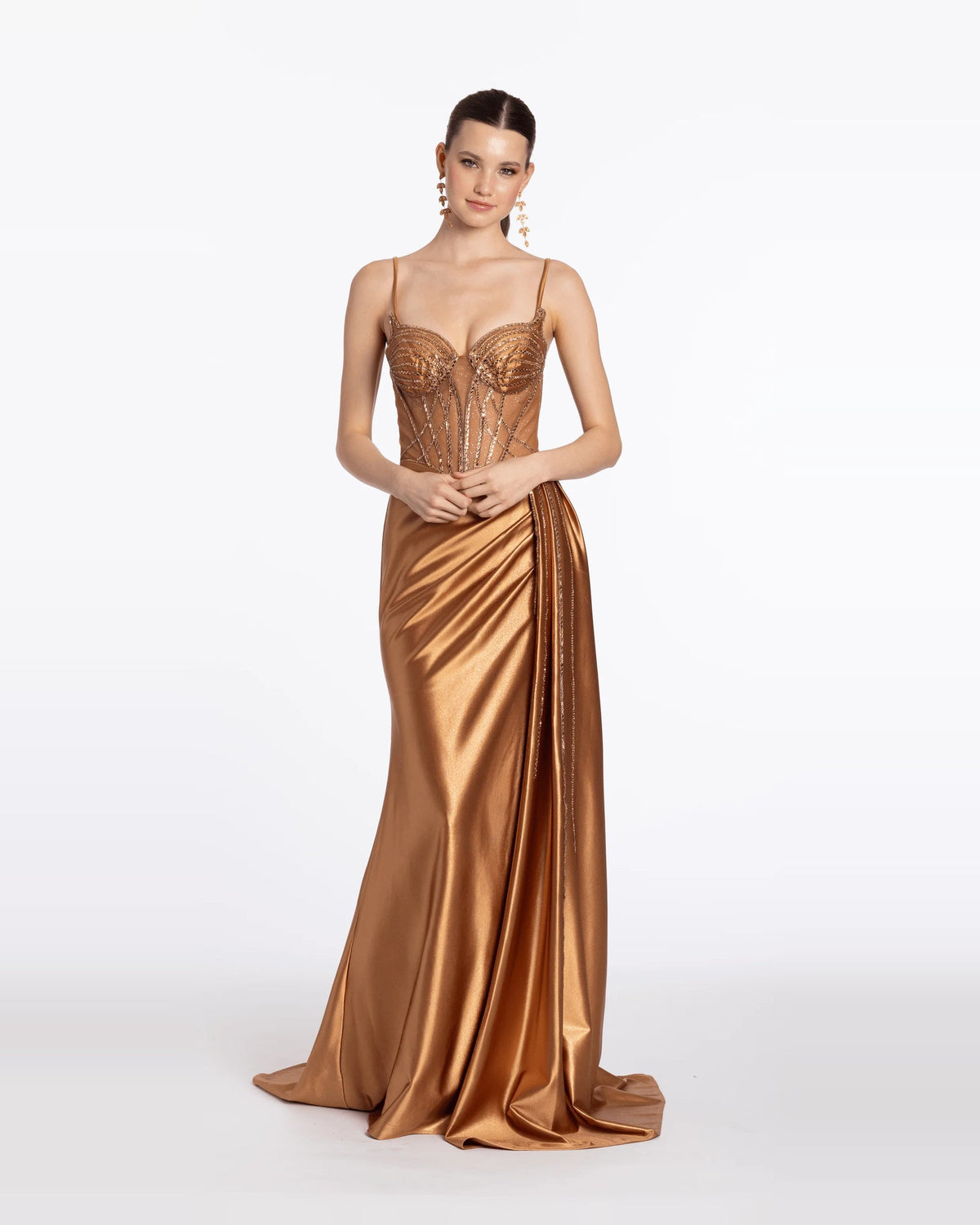 Gold satin corset maxi dress with draped skirt and beaded lace bodice