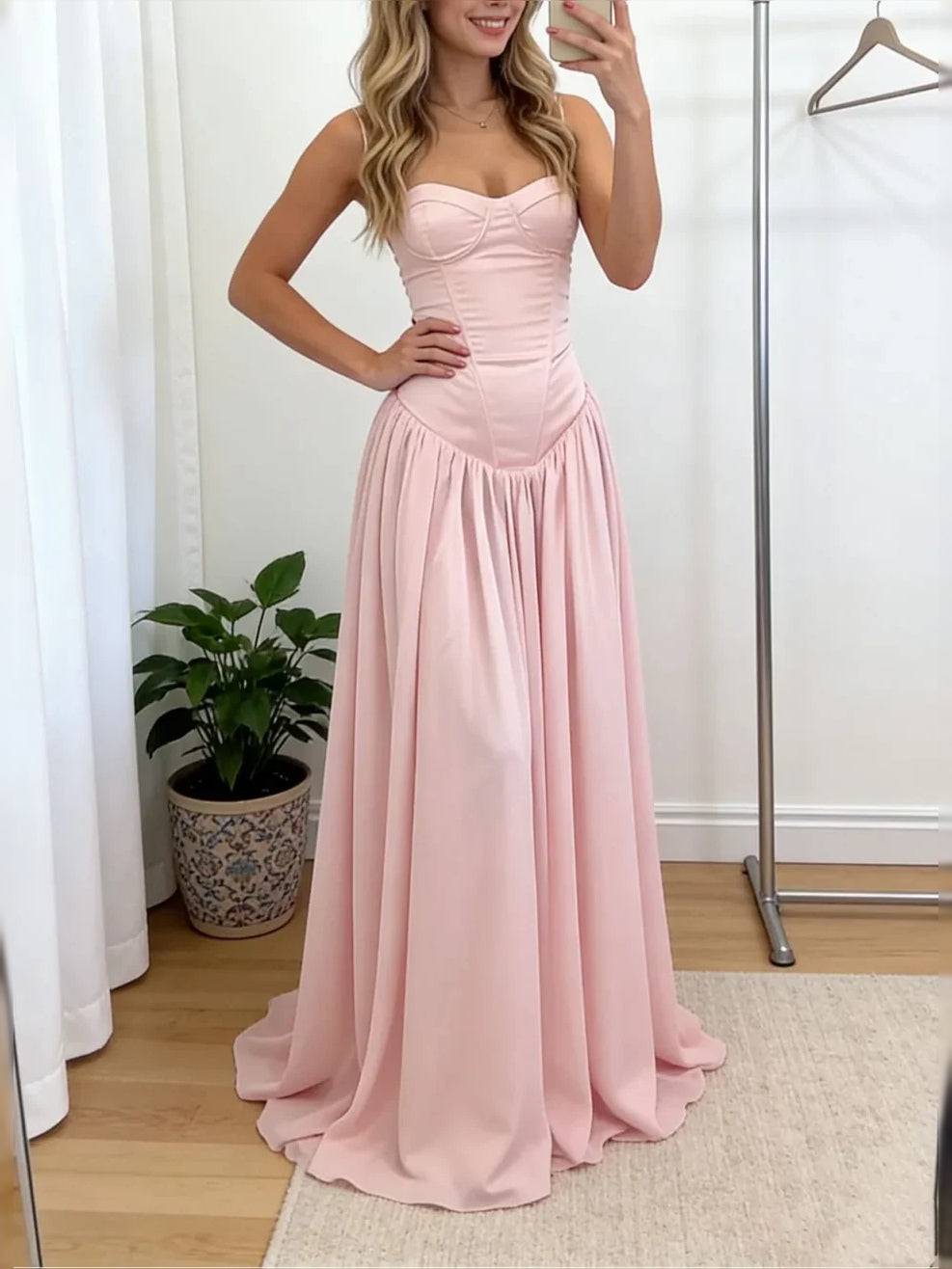 Pink sweetheart A-line prom dress with corset bodice and chiffon skirt, spaghetti straps