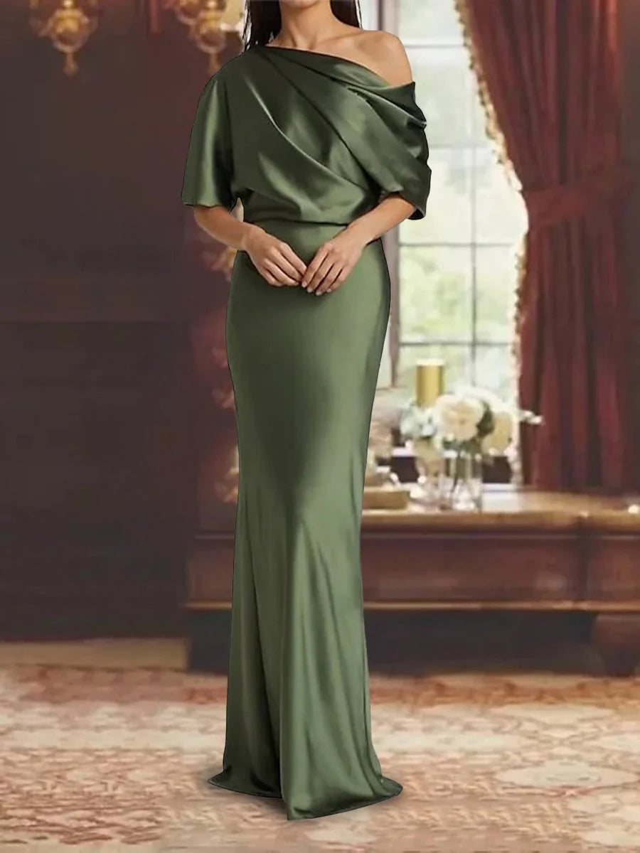 Clover green one-shoulder draped satin mermaid gown with short draped sleeve
