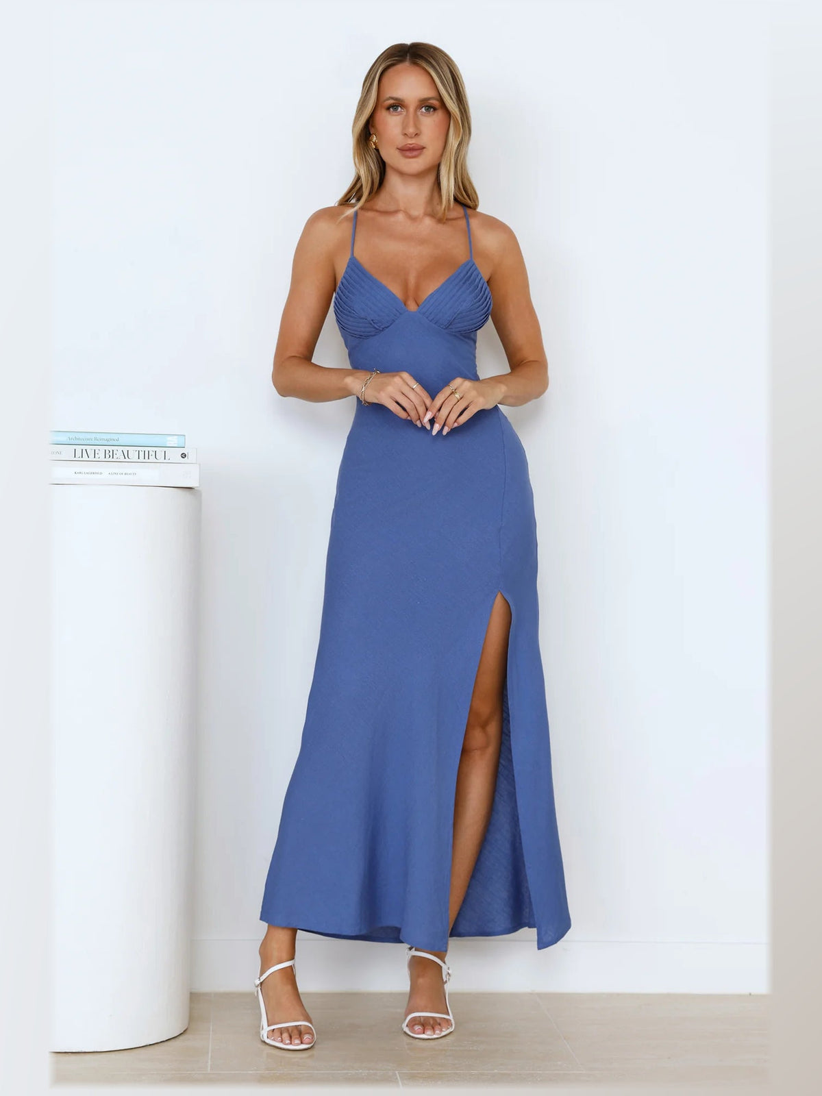 Blue maxi formal dress, front full-length view showing the neckline