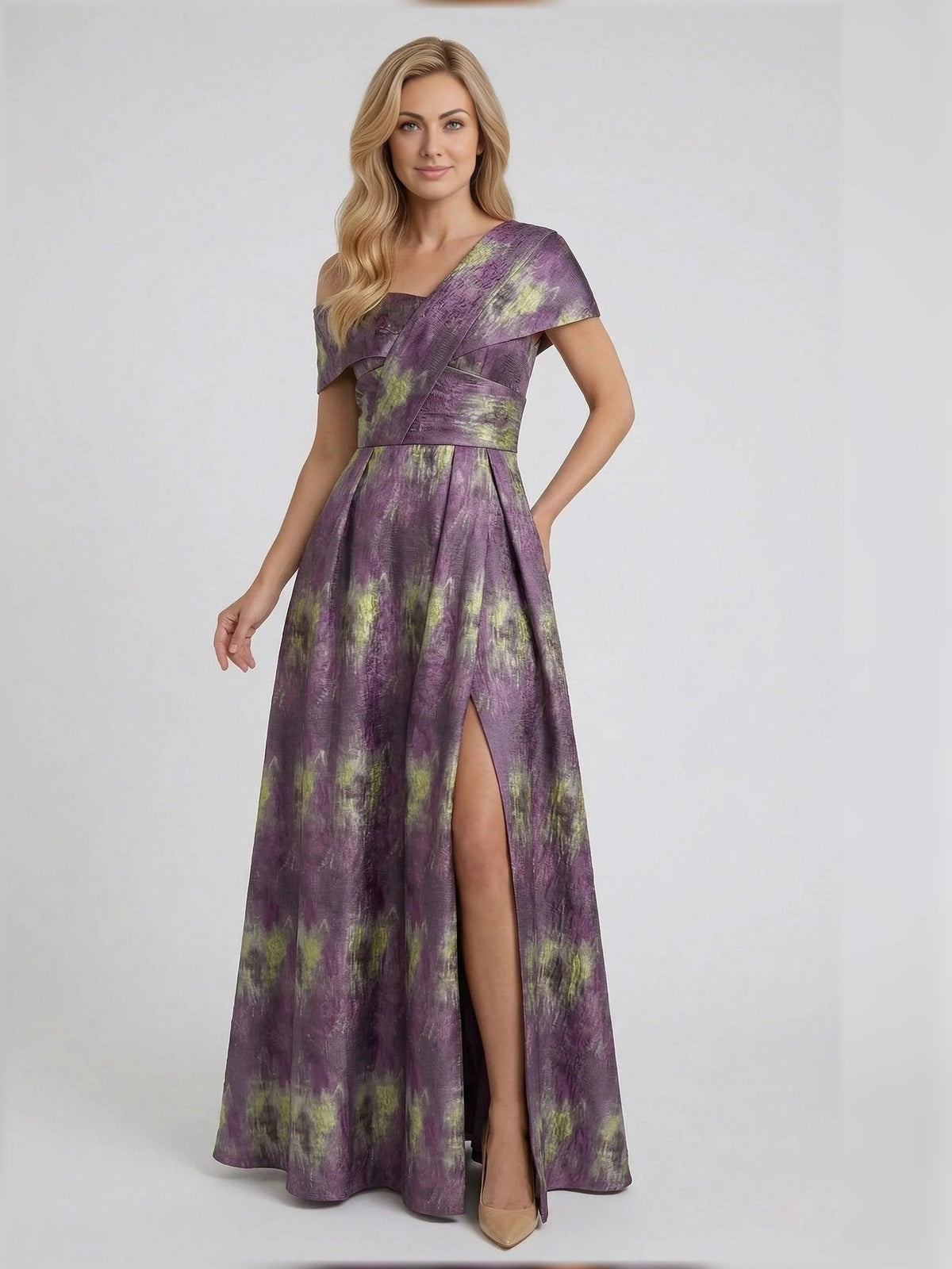 Purple and green abstract print A-line floor-length dress with side slit and asymmetrical neck