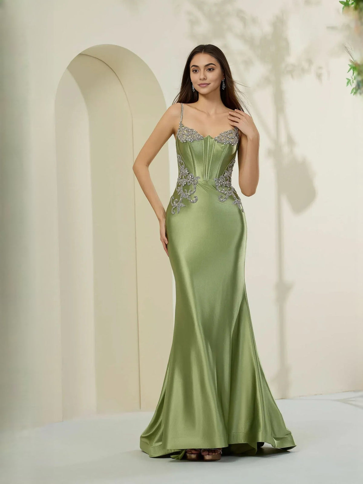 Dusty sage sweetheart corset formal dress, beaded bodice, floor-length mermaid silhouette