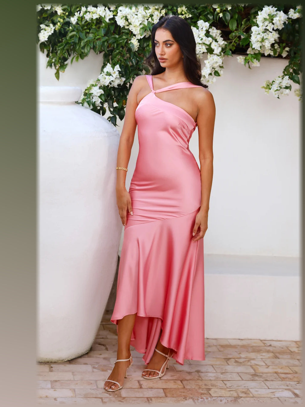 Pink formal dress with a-line silhouette and maxi length