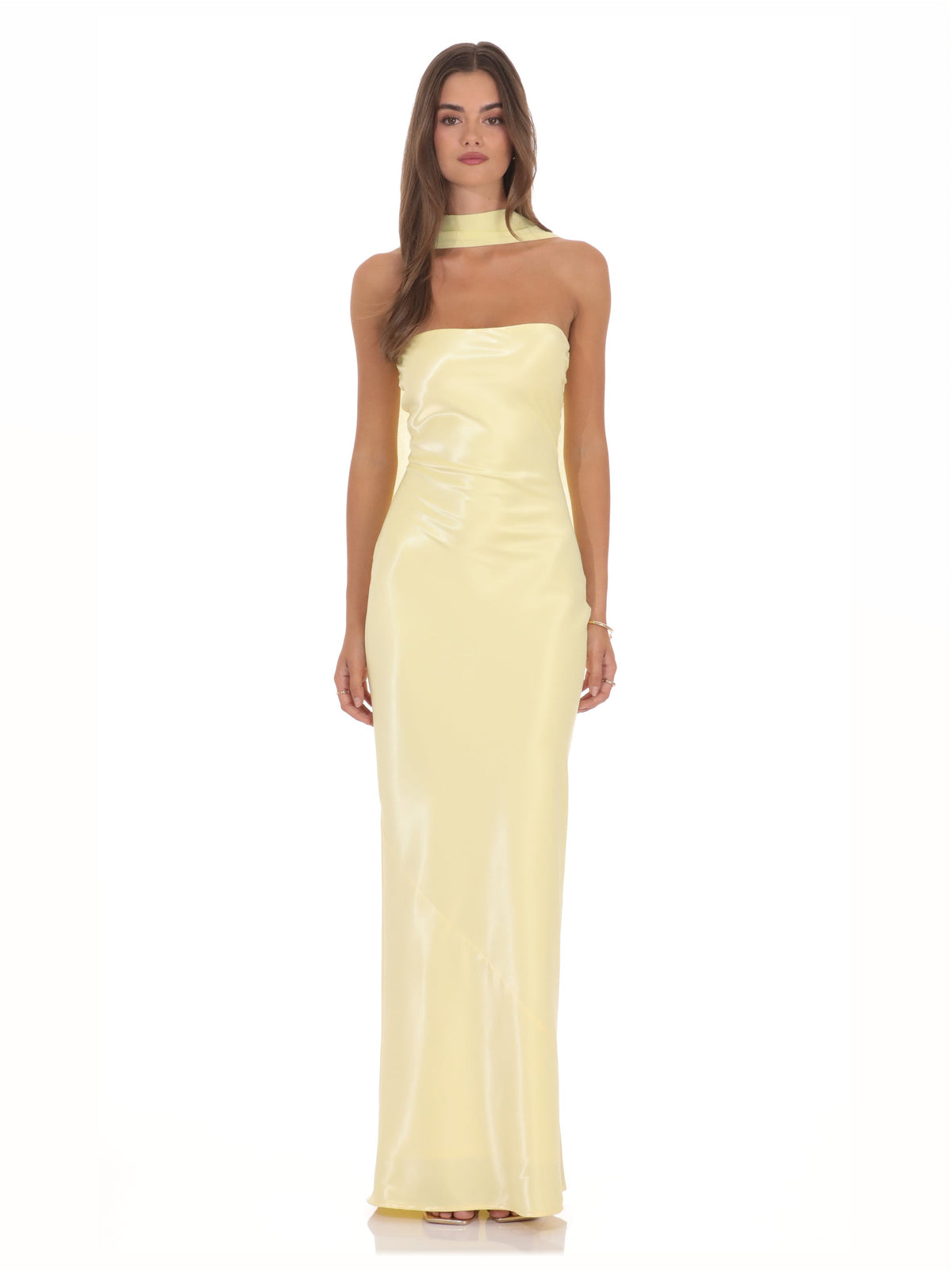 Yellow bridesmaid dress with a-line silhouette and maxi length