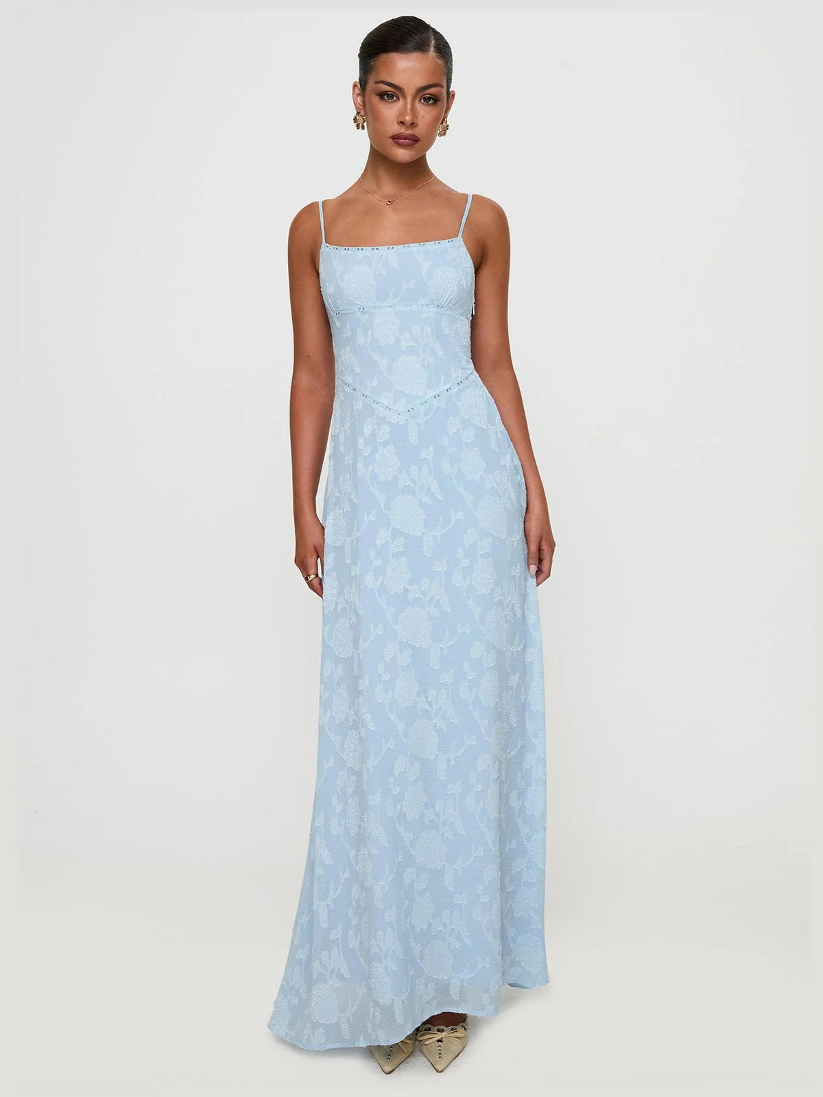 Blue maxi formal dress, front full-length view showing the neckline