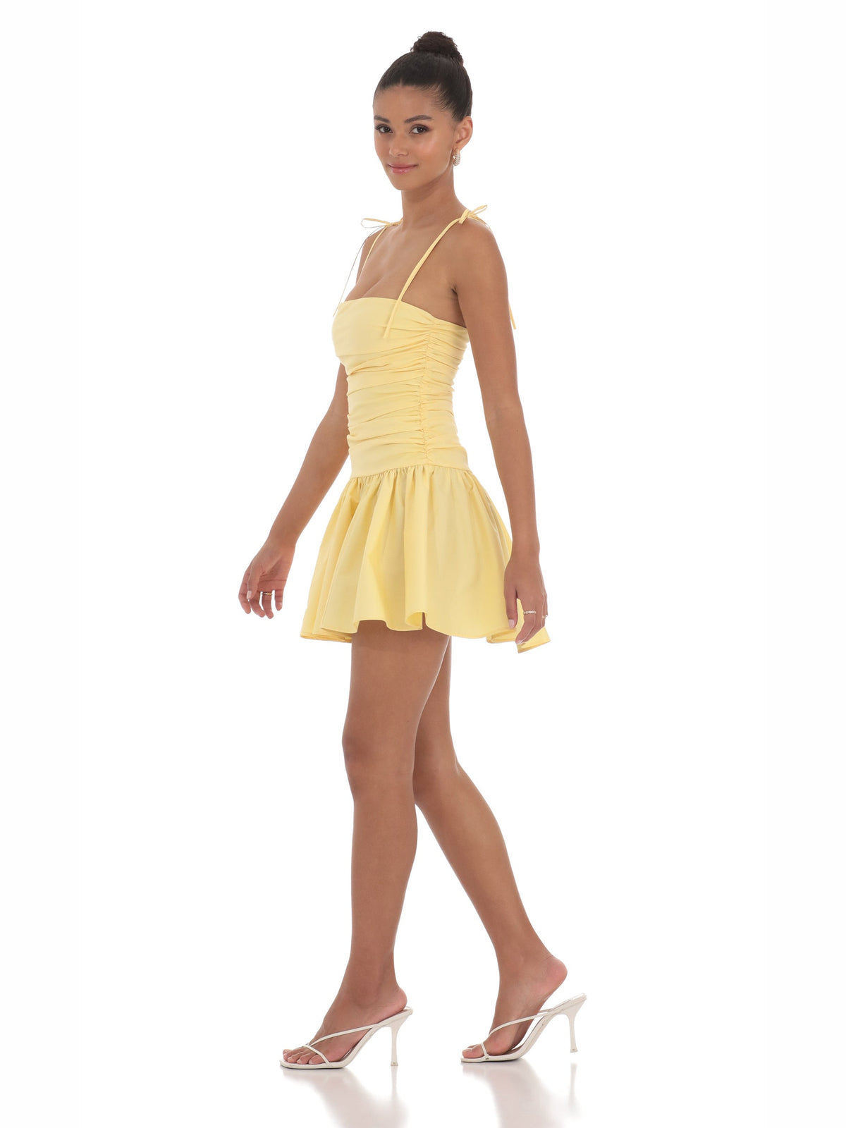 Yellow homecoming dress with fit-and-flare silhouette and maxi length