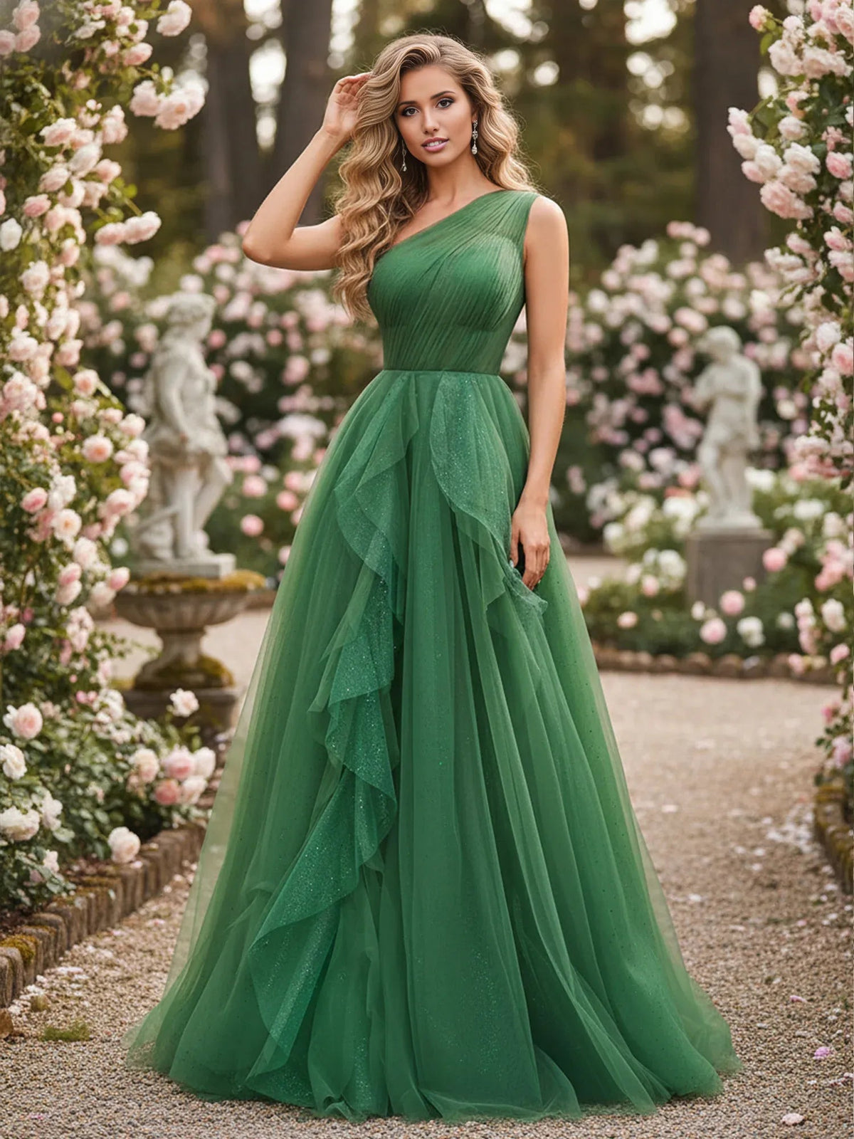Green one-shoulder corset dress with pleated tulle skirt, floor-length, three-quarter view