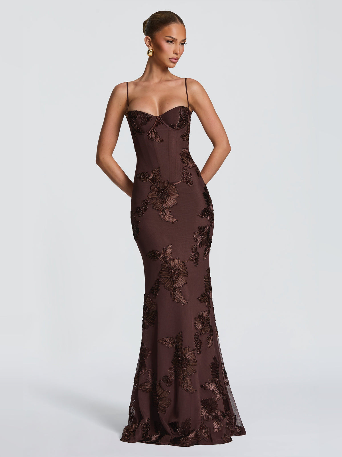 Brown mermaid maxi formal dress with sweetheart neckline, full-length front view